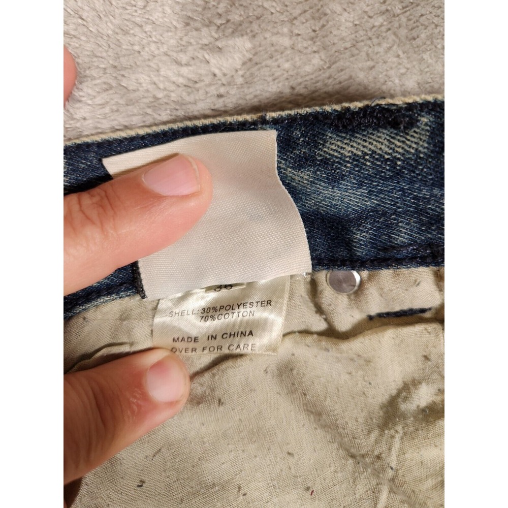 Distressed Blue Wash Men's Jeans with Grid Paneling - Picture 9 of 14